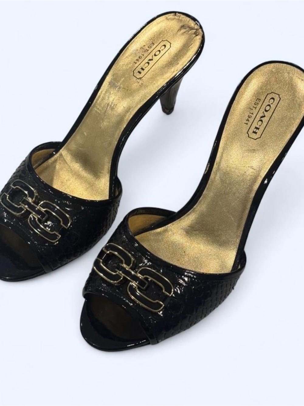 Vintage Coach Black Patent Gold Chain Heels 8.5